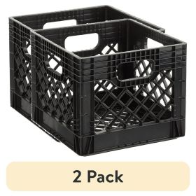 (2 pack)Storage 16QT Heavy-Duty Plastic Milk Crate Black with Built-in Handles