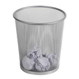 Mesh Waste Basket Silver Steel Wire Mesh, Office Trash Can, Nonslip Base, Fingerprint-Resistant