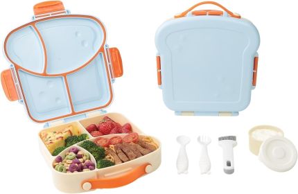 Kids Bento Lunch Box - Toast-Shaped 4-Compartment Lunchable Food Container with Sauce Cup, Utensils & Brush, BPA-Free
