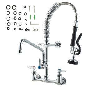 Wall-Mounted Brass Kitchen Faucet, 21" Tall, 8" Installation Width, Includes 12" Rotating Spout and Pull-Down Sprayer, Suitable for Single, Doubl