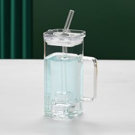 1 Pcs Transparent Glass Straw Cup, 6 Colors Square Glass Cup With Straw And Lid, High Borosilicate Glass Cup, Milk Cup, Juice Cup, Cold Drink Cup, Cof (Option: Transparent)