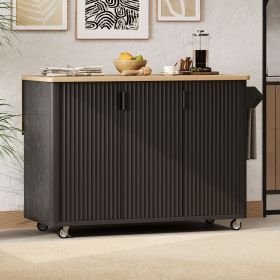 51" Fluted Kitchen Island with Drop Leaf, Farmhouse Accent Kitchen Island on Wheels with Internal Storage Rack (Color: Black, Material: MDF,Pine)